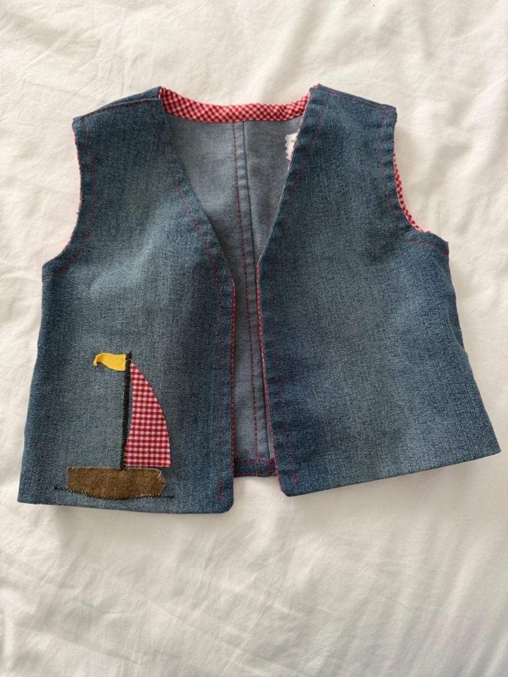 Kids Reversible Denim Vest with Red Gingham Sailboat baby 6 months